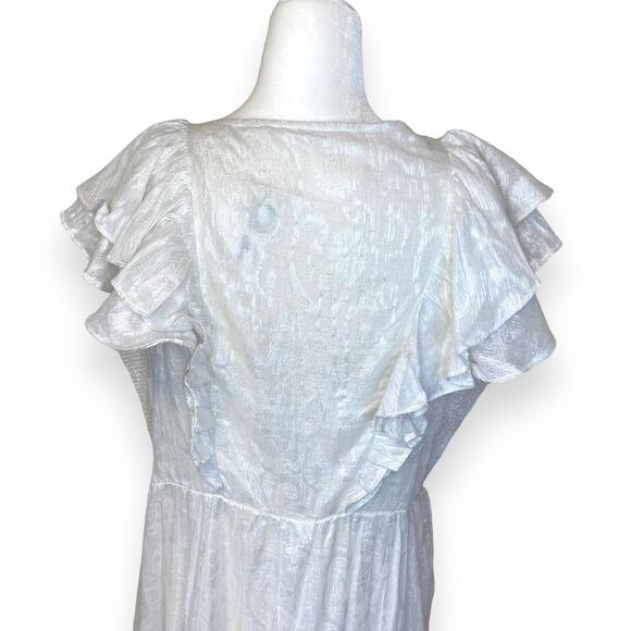 Roller Rabbit White Ondine Lurex V-Neck Cap Ruffle Sleeve A-Line Midi Dress - Picture 8 of 11